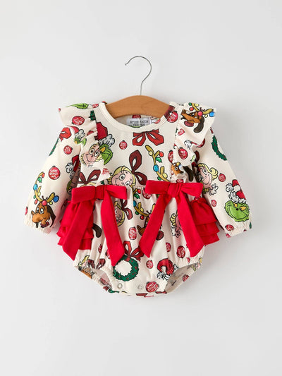 Christmas Character Print Baby Girls Romper with Red Bow Detail