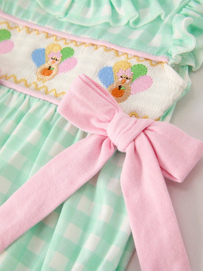 Green Chicken Smock Embroidered Plaid Baby Girls Romper