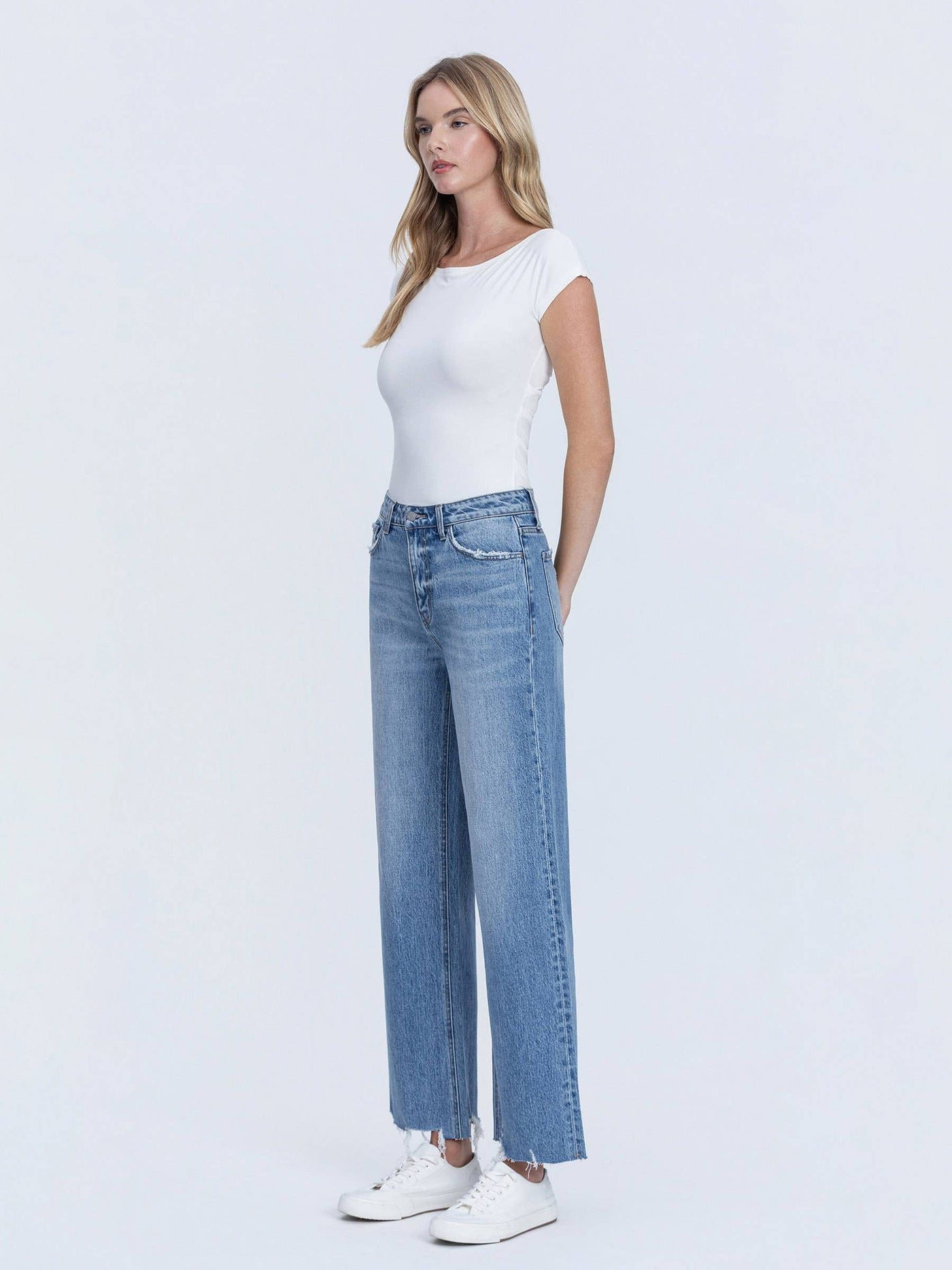 Vervet High Rise Destruction Hem Wide Leg Jeans