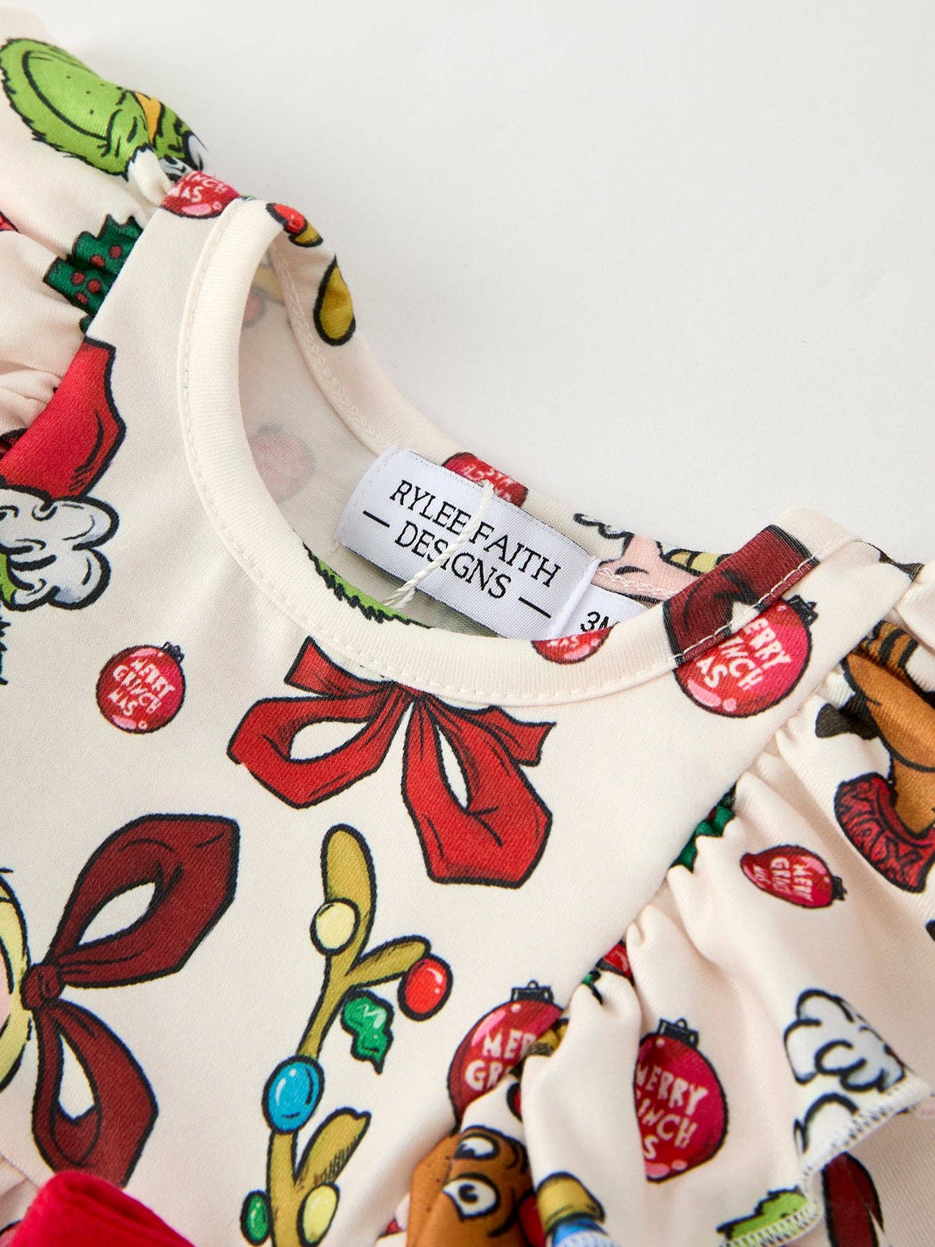 Christmas Character Print Baby Girls Romper with Red Bow Detail