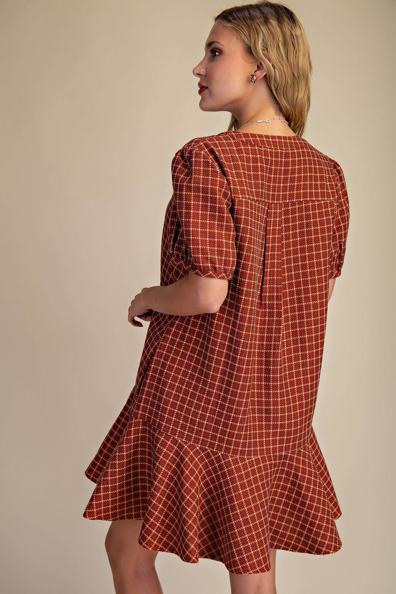 Camel Puff Sleeve Mini Dress