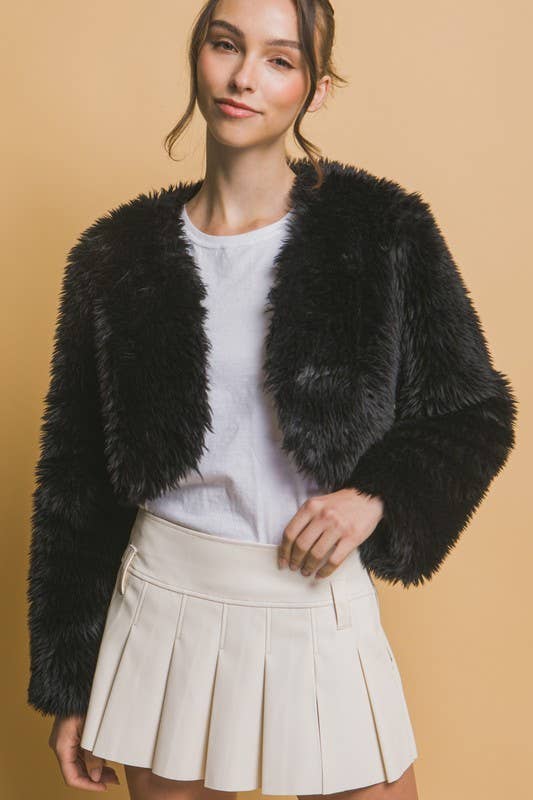 Black Crop Faux Fur Jacket