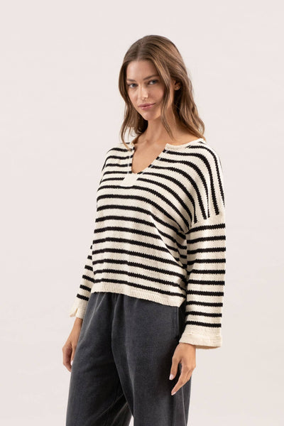 Cream Striped Split Neck Sweater