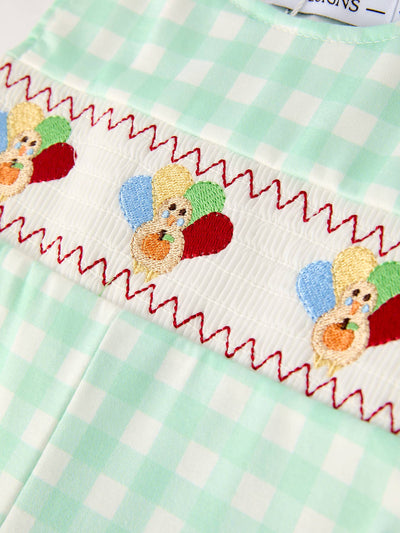 Green Chicken Smock Embroidered Plaid Baby Boys Romper