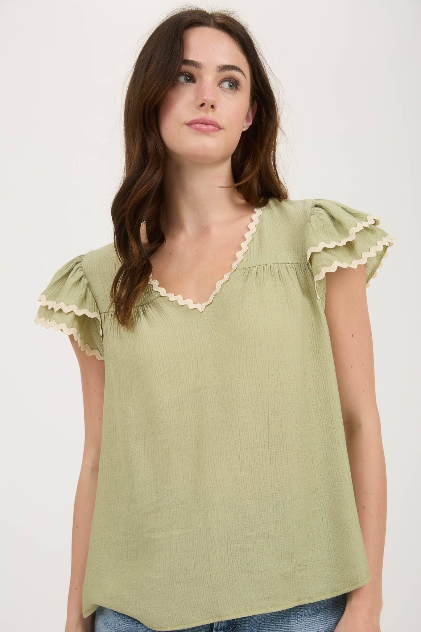 Olive Wave Trim Top