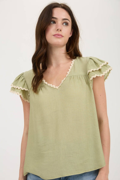 Olive Wave Trim Top