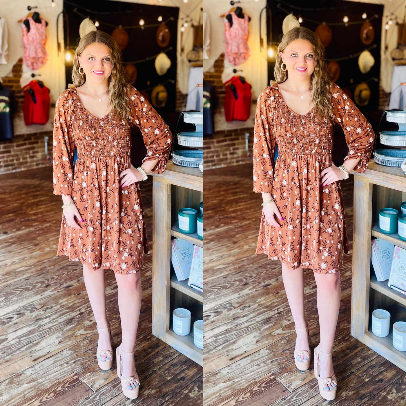 Brown Floral Smocked Midi Dress