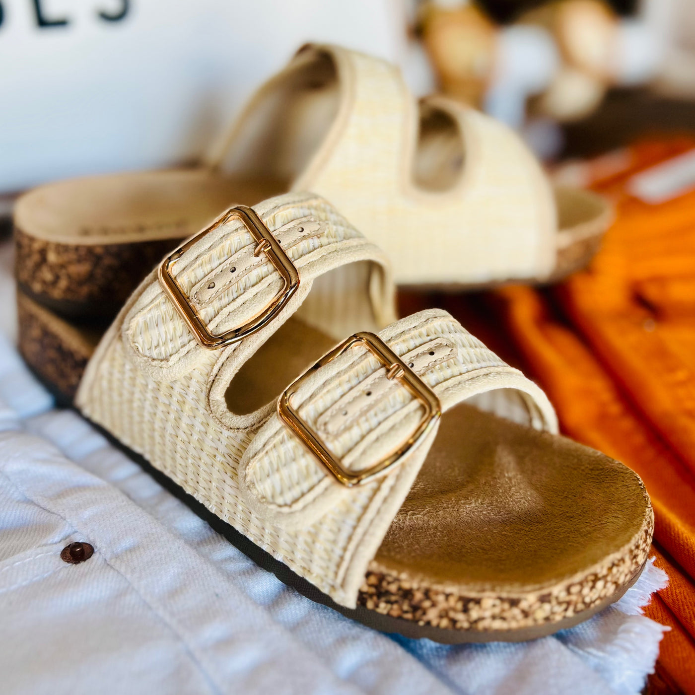 Bamboo Champion Tan Double Buckle Slide Sandals