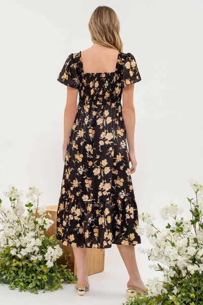 Black Floral Smocked Midi Dress