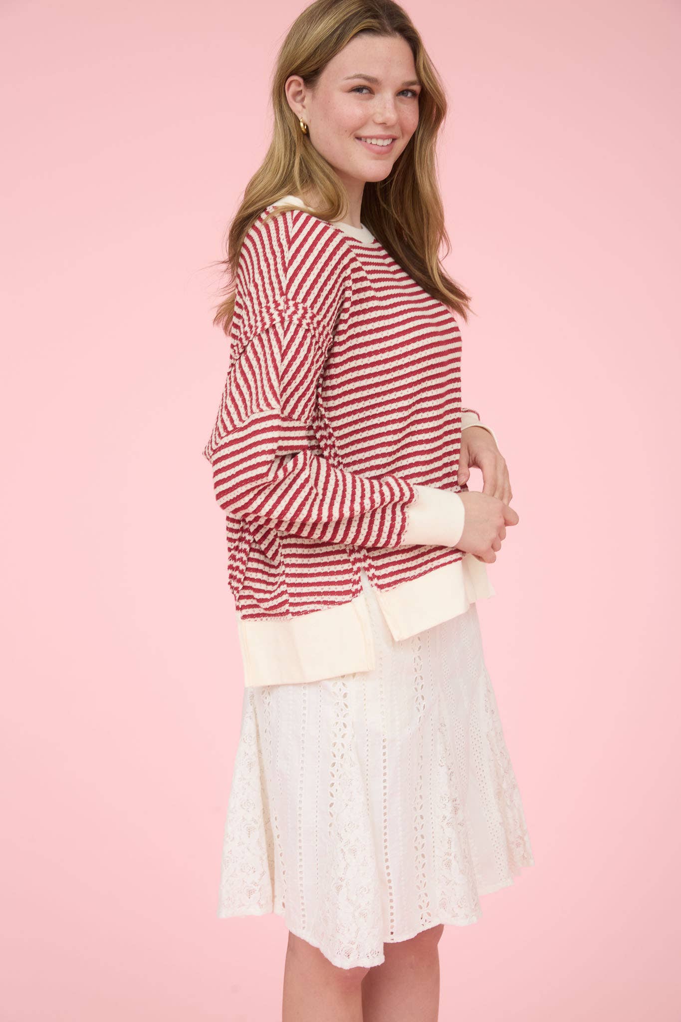Cream + Red Stripe Exposed Hem Top
