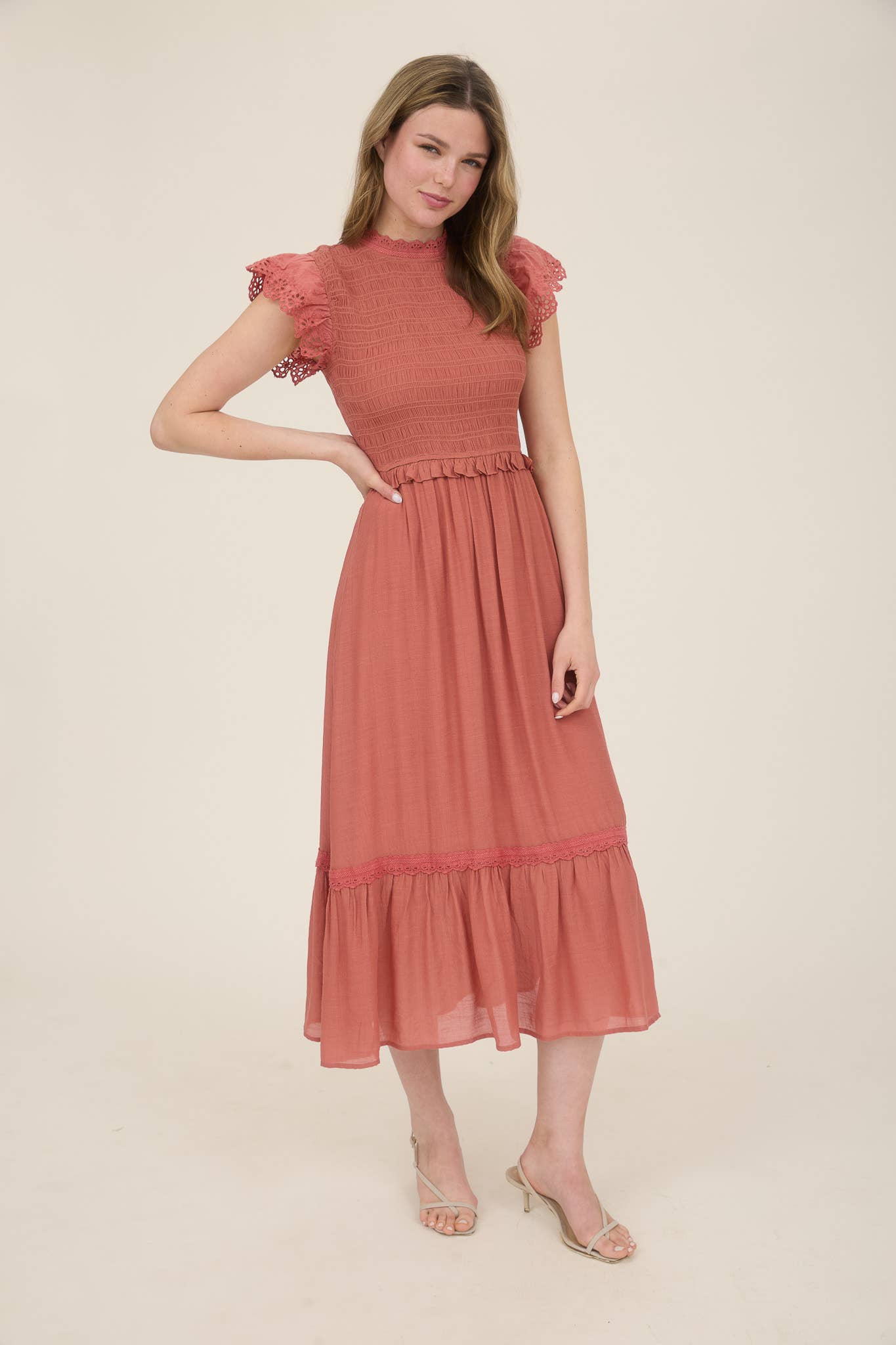 Terracotta Smocked Midi Dress