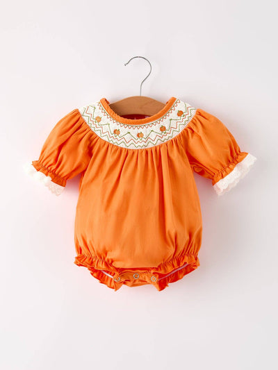 Orange Pumpkin Smock Embroidery Lace Baby Girl Romper