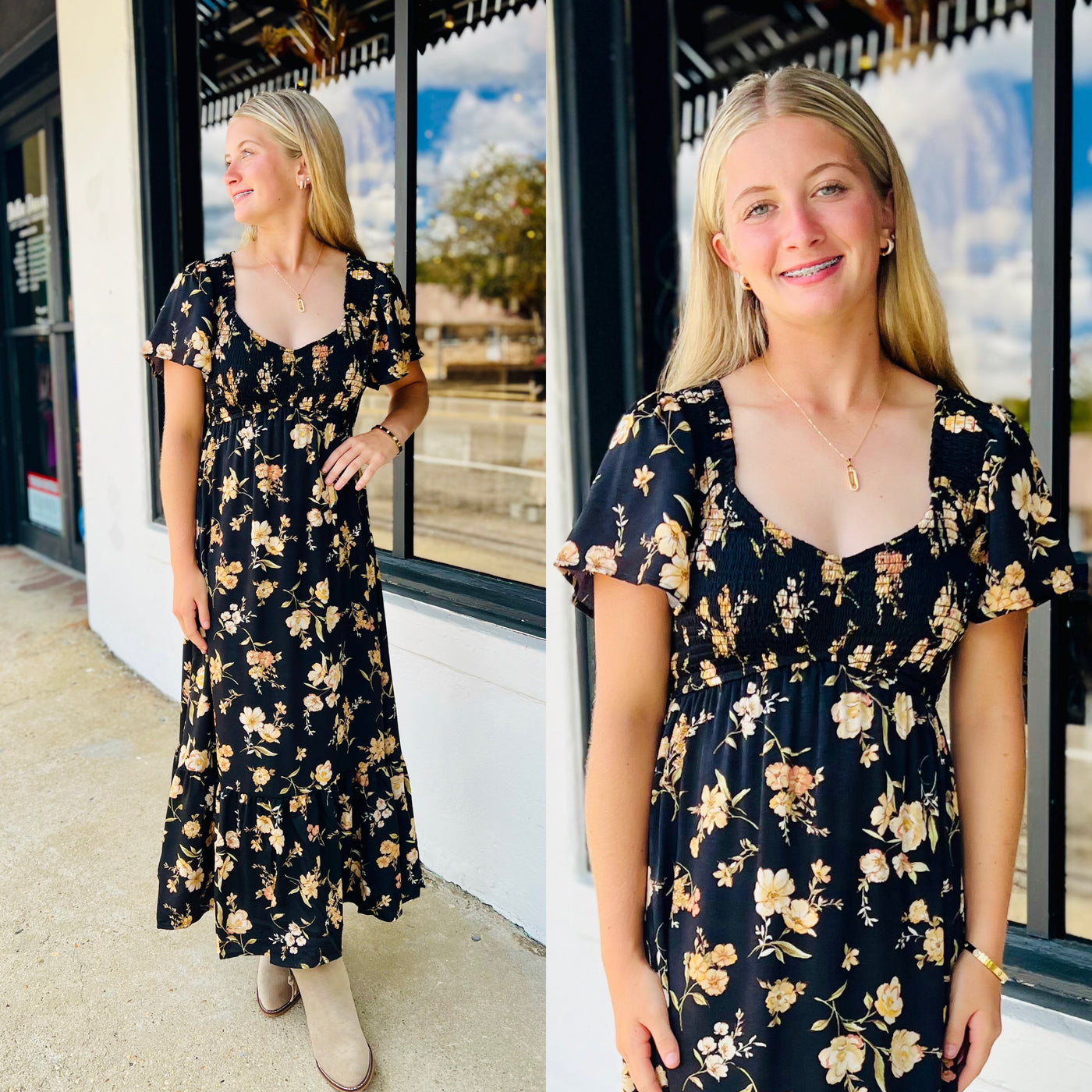 Black Floral Smocked Midi Dress