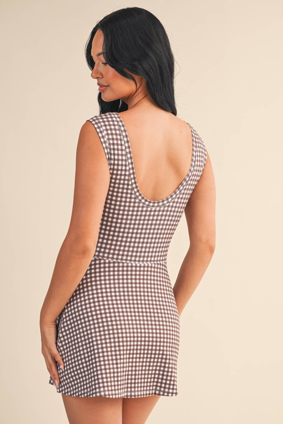 Brown Gingham Sleeveless Wrap Tie Front Dress