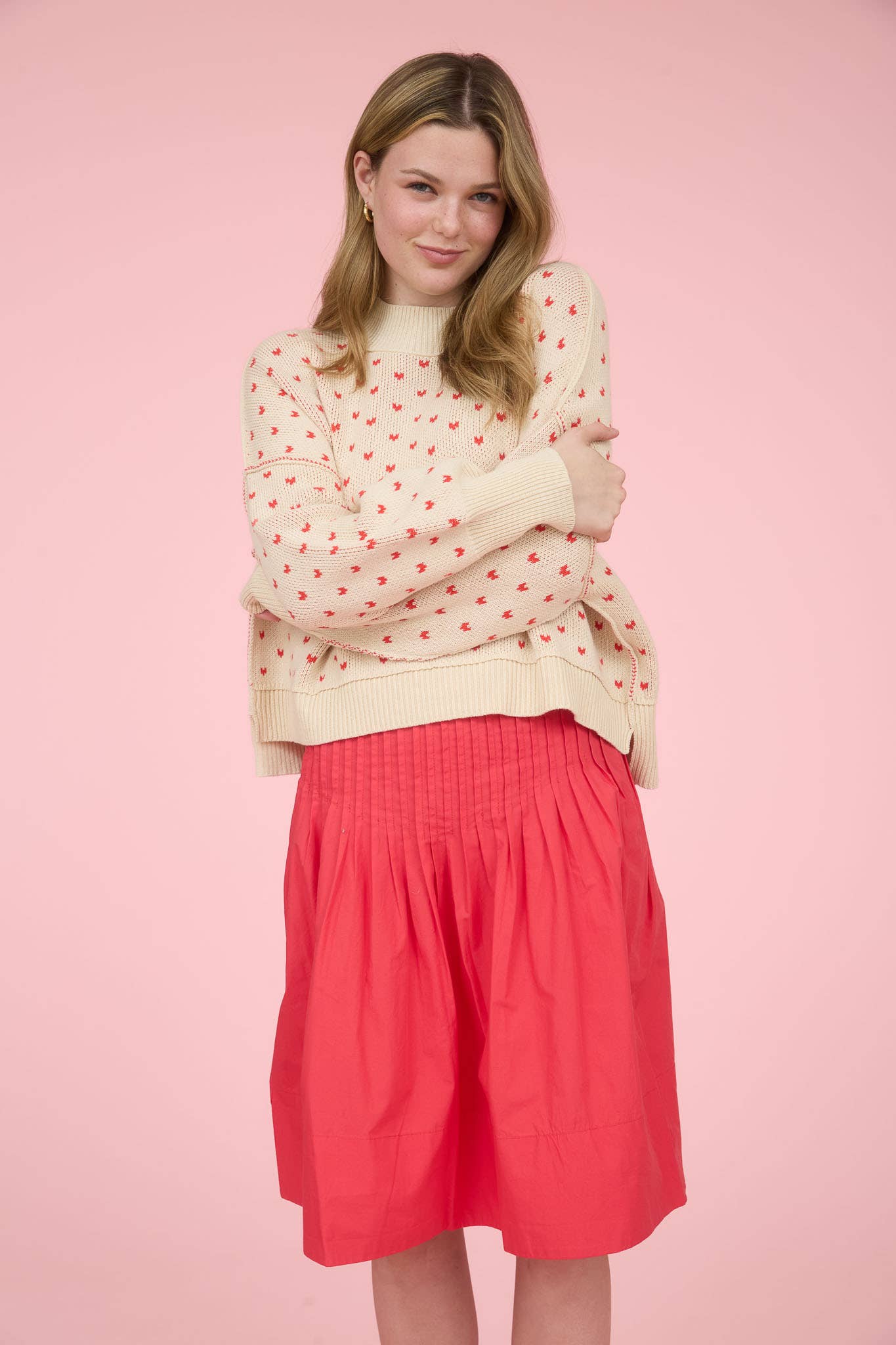 Cream Heart Pattern Knit Sweater