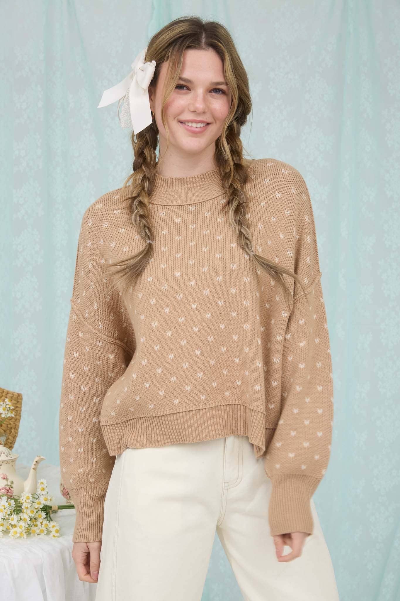 Cream Heart Pattern Knit Sweater
