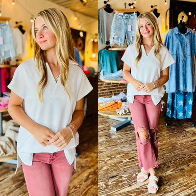 White Textured Collared Top