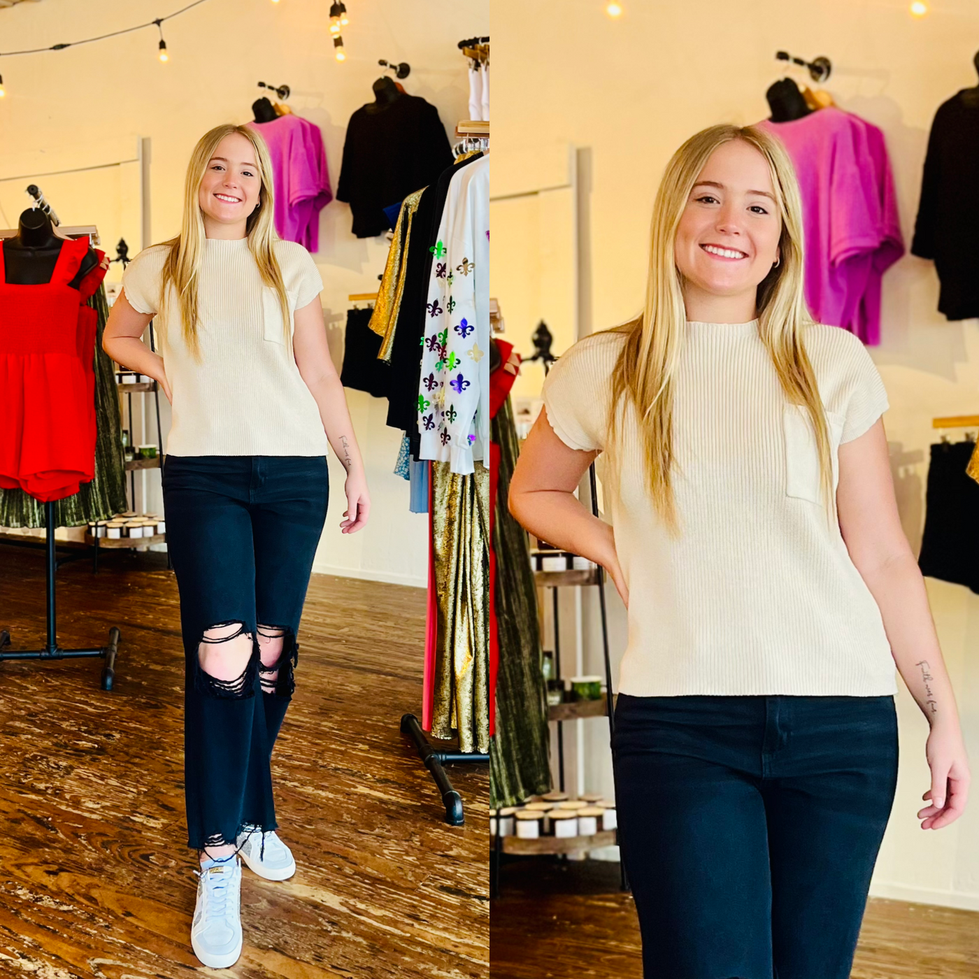 Cream Knit Pocket Sweater