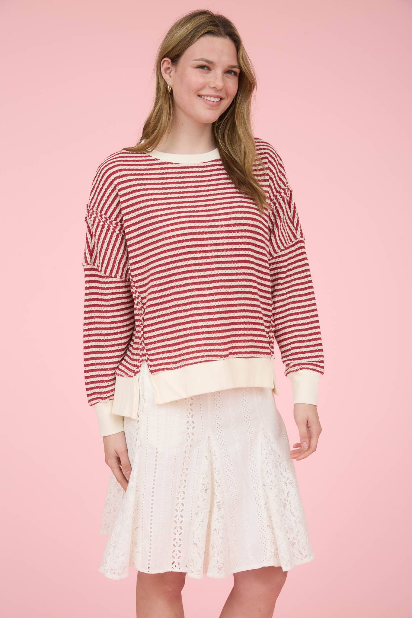 Cream + Red Stripe Exposed Hem Top