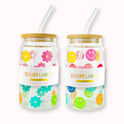 Cleary Lane 16oz Colorful Glass Tumbler with Lid | Rainbow Flowers