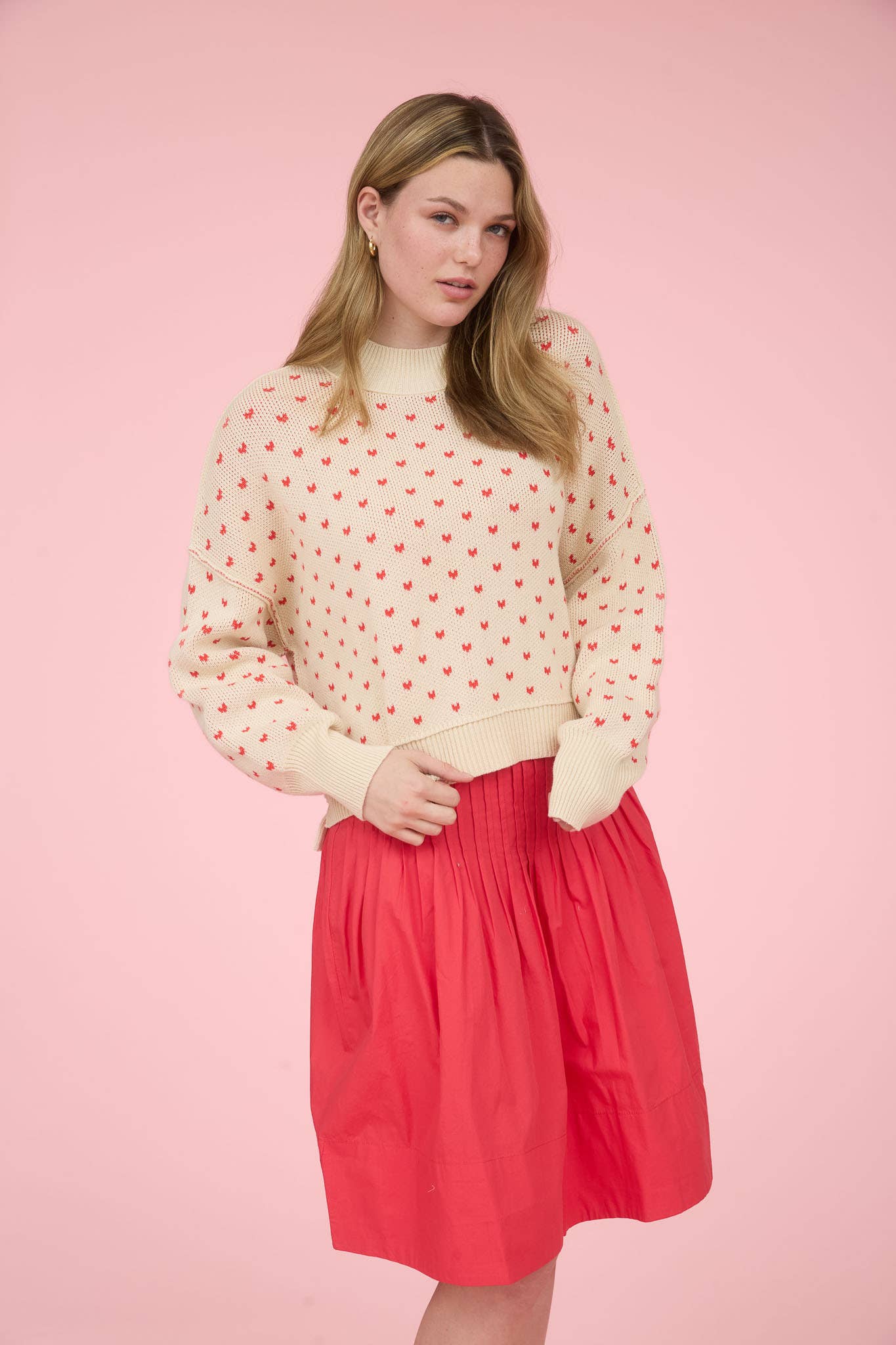 Cream Heart Pattern Knit Sweater