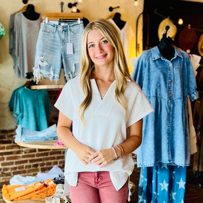 White Textured Collared Top