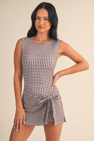 Brown Gingham Sleeveless Wrap Tie Front Dress