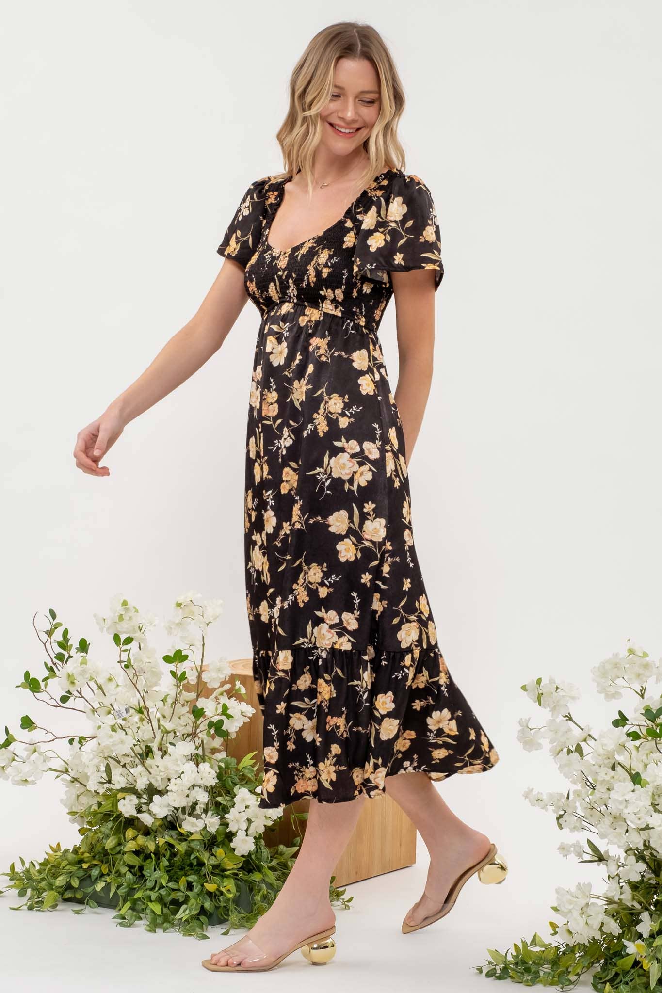 Black Floral Smocked Midi Dress