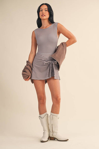 Brown Gingham Sleeveless Wrap Tie Front Dress