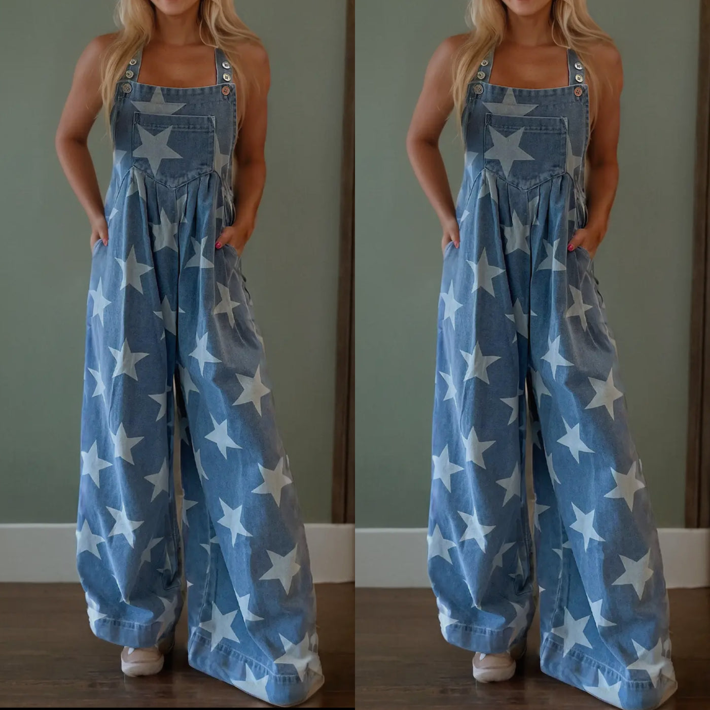 Star Print Denim Wide Leg Jumpsuit