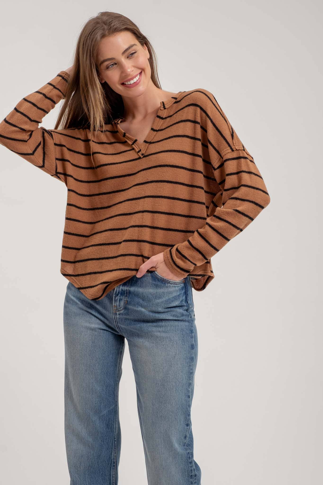 Brown Striped Exposed Seam Top