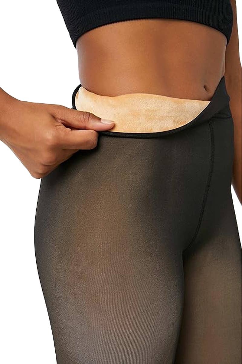 Fake Sheer Fleece Lined Pantyhose Tights: Black