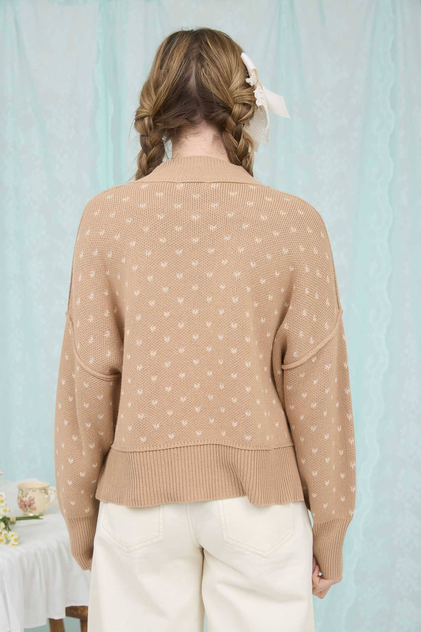 Cream Heart Pattern Knit Sweater