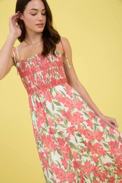 Tropical Floral Smocked Tiered Midi