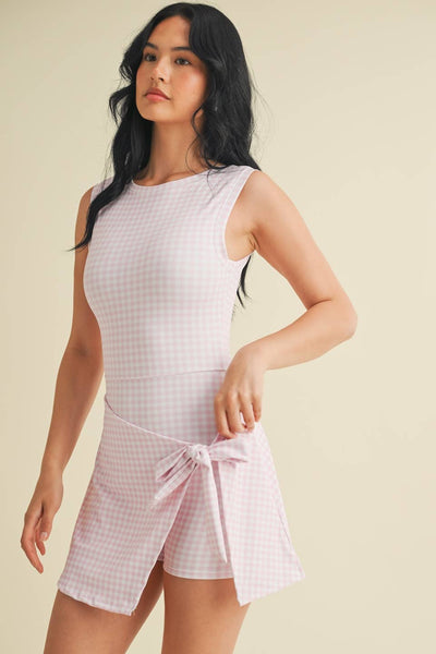 Brown Gingham Sleeveless Wrap Tie Front Dress