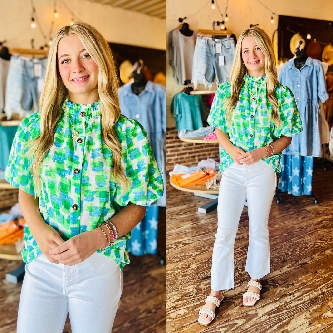 Green Ruffled High Neck Blouse