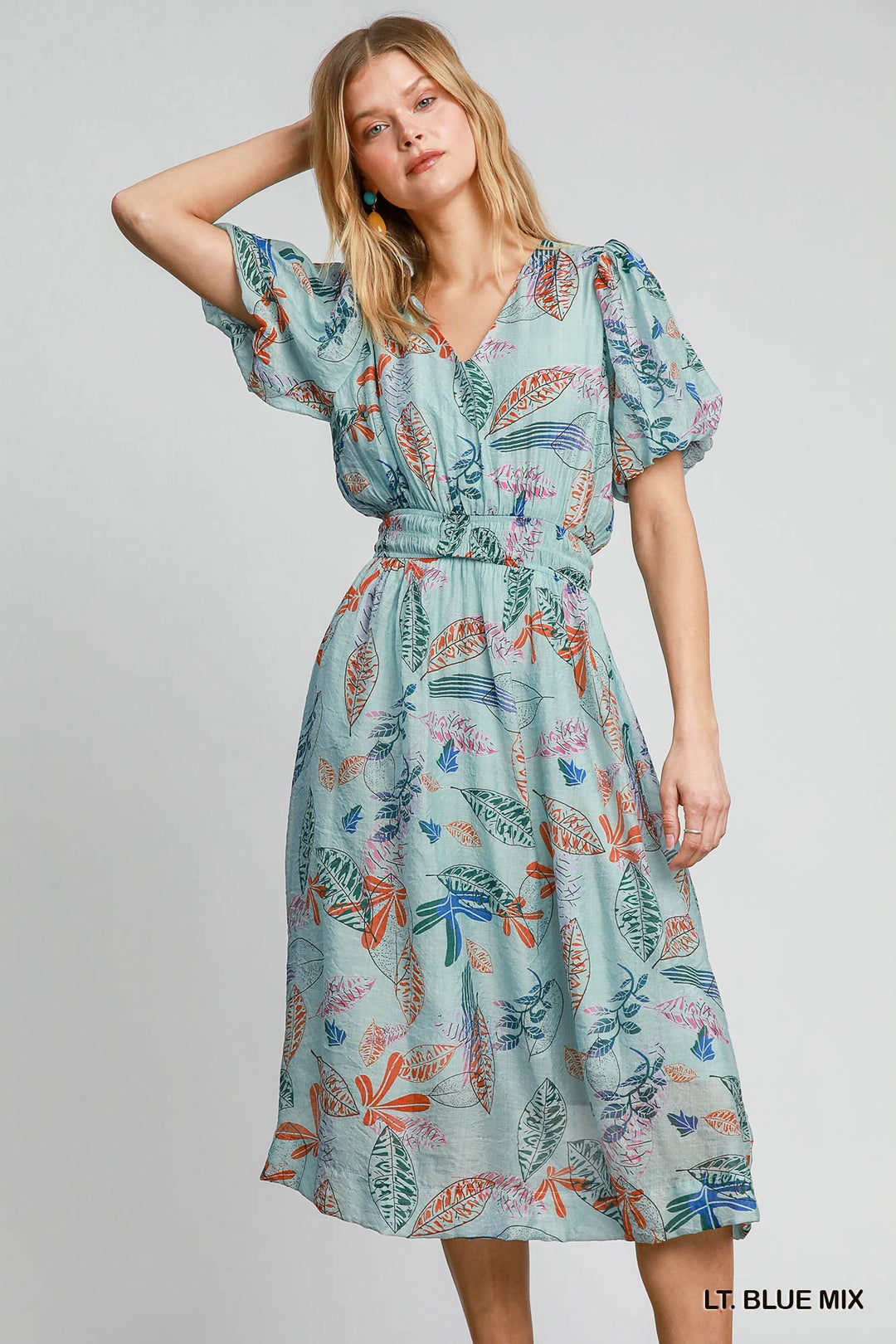 Light Blue Leaf Print Midi Dress Small