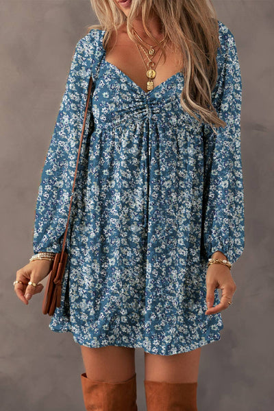 Blue Ruched Sweetheart Floral Mini