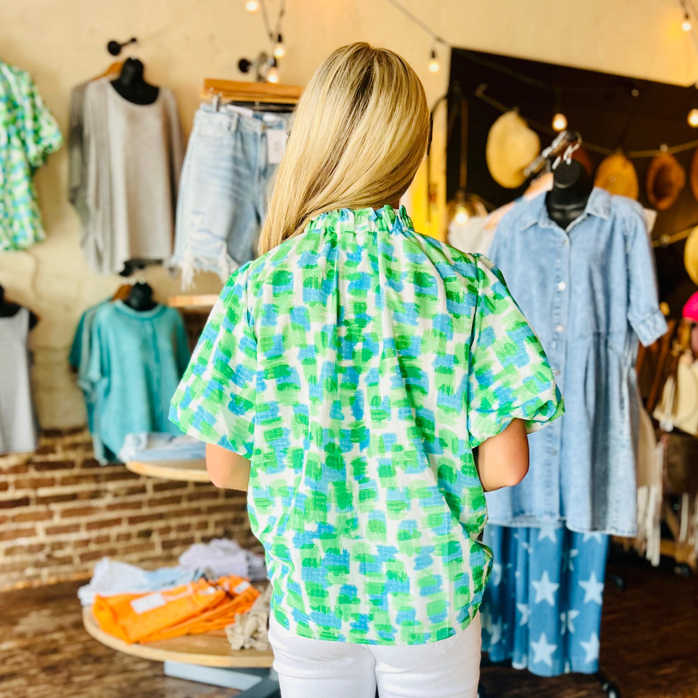 Green Ruffled High Neck Blouse