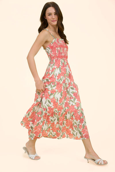 Tropical Floral Smocked Tiered Midi