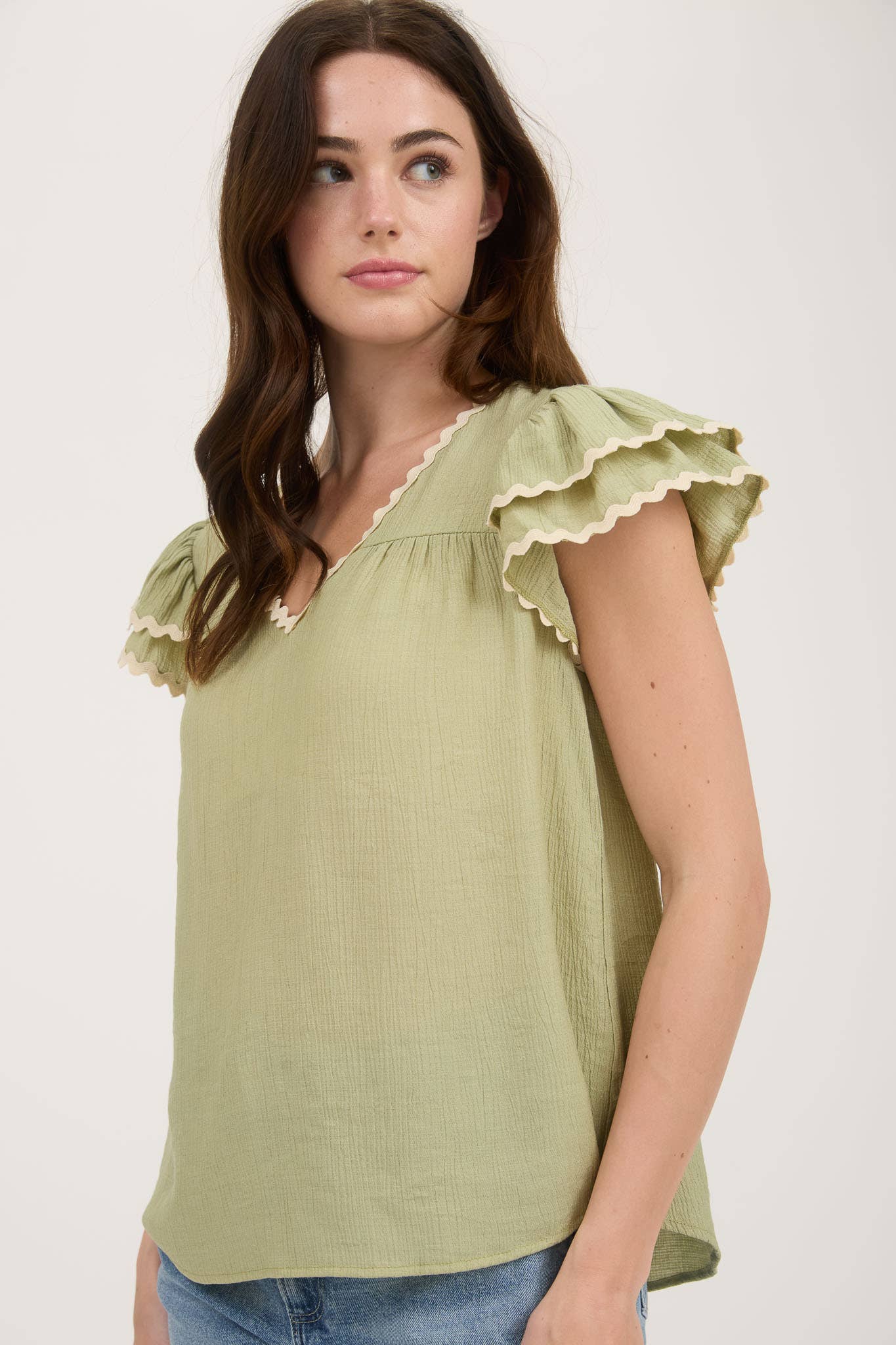Olive Wave Trim Top