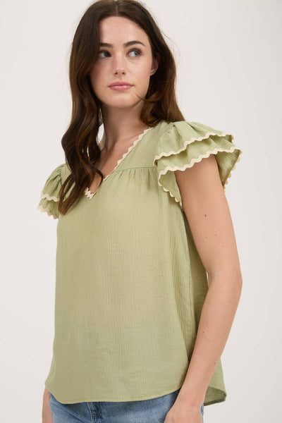 Olive Wave Trim Top