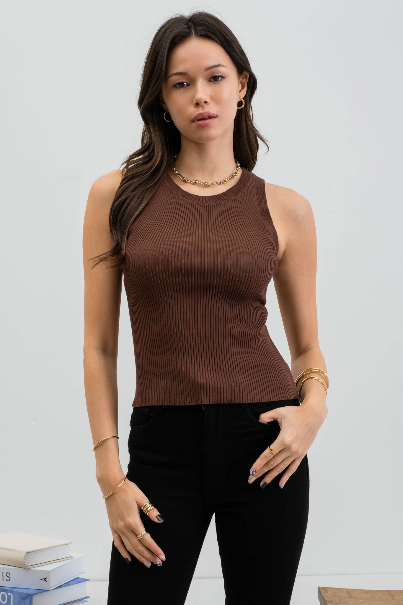 Brown Round Neck Knit Tank