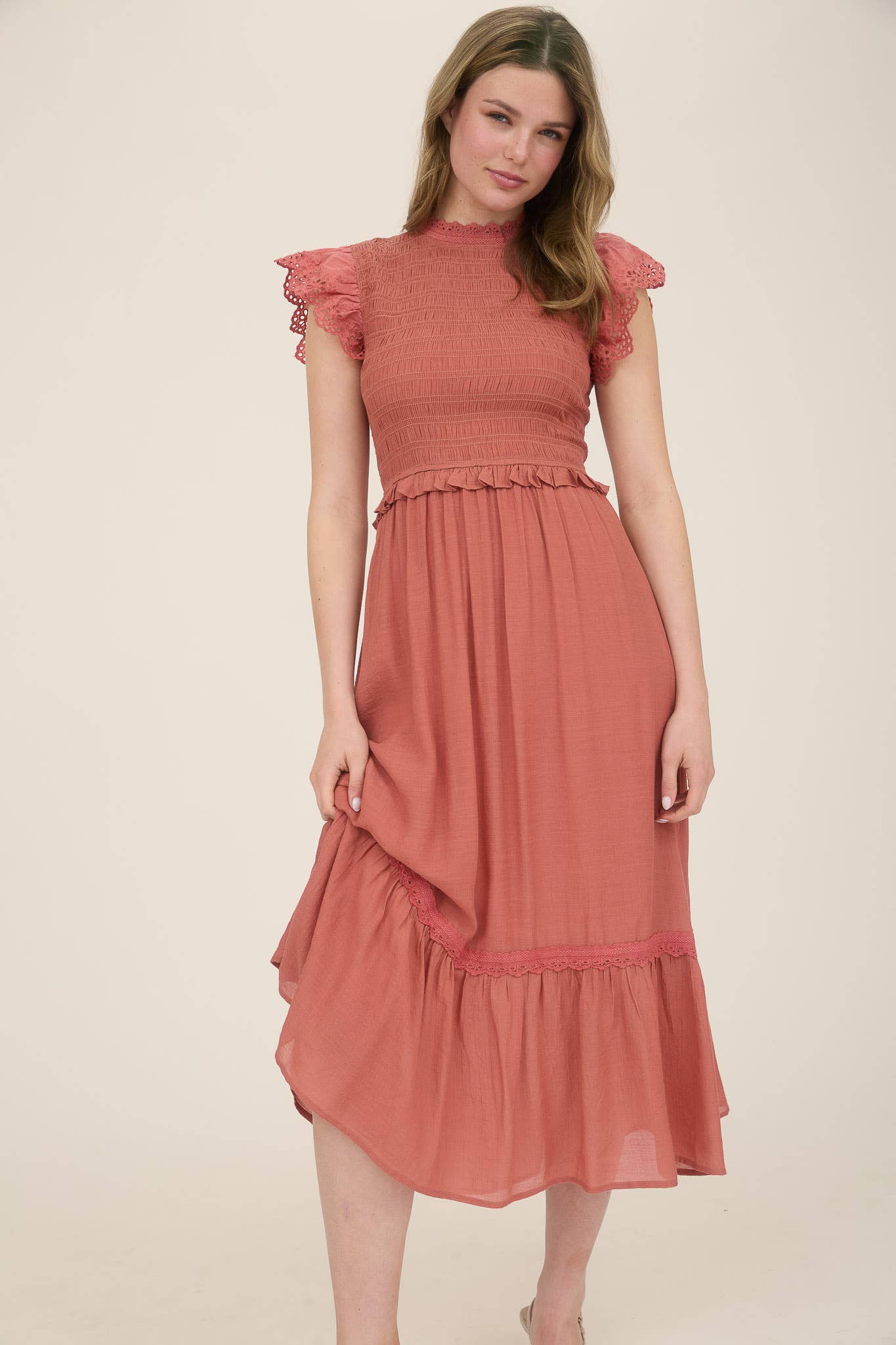 Terracotta Smocked Midi Dress