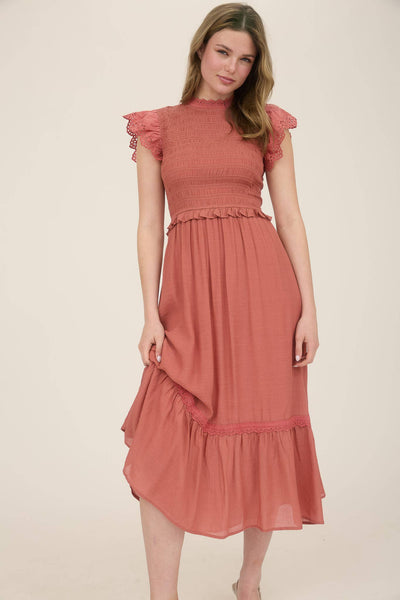 Terracotta Smocked Midi Dress