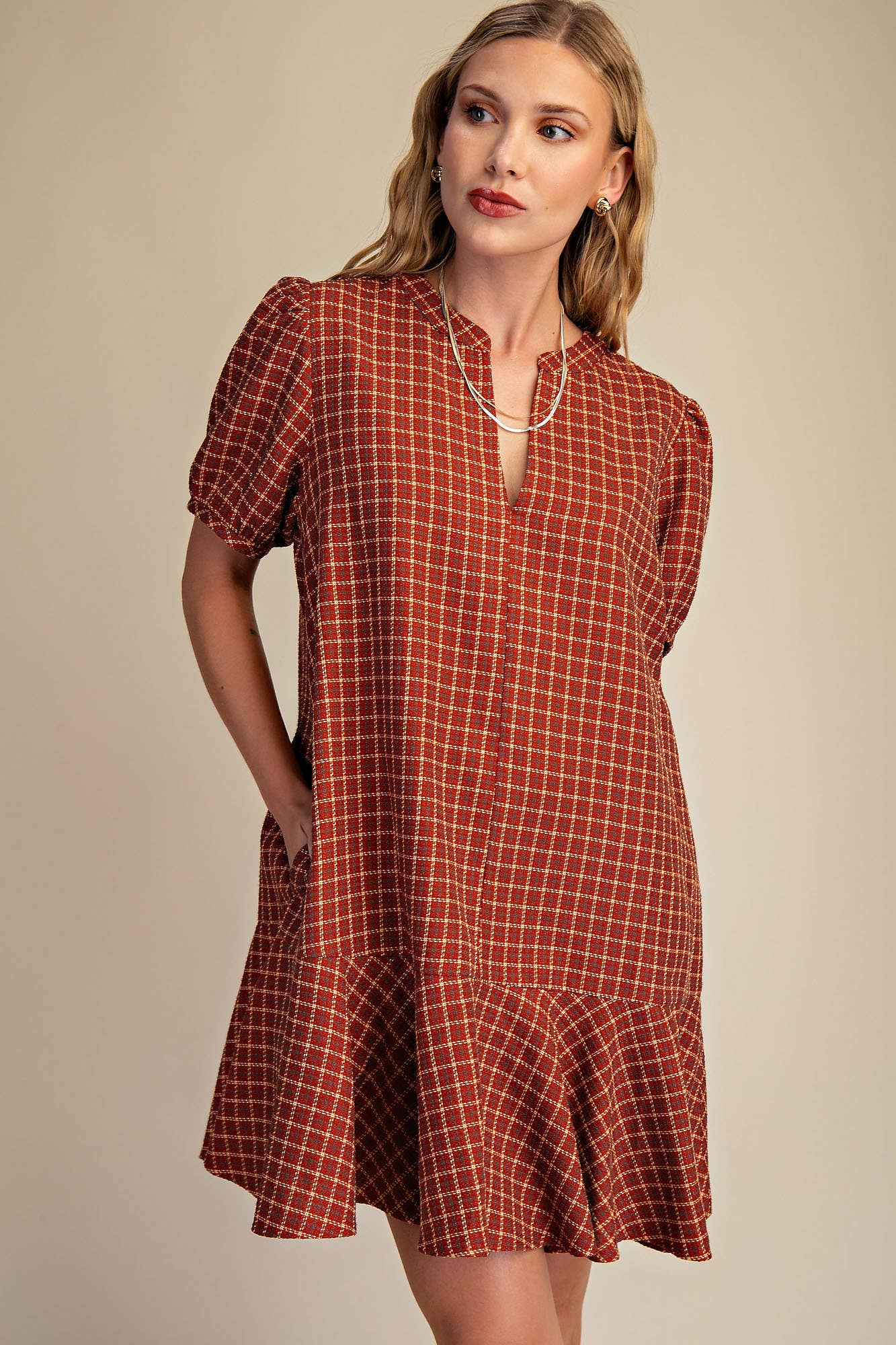 Camel Puff Sleeve Mini Dress