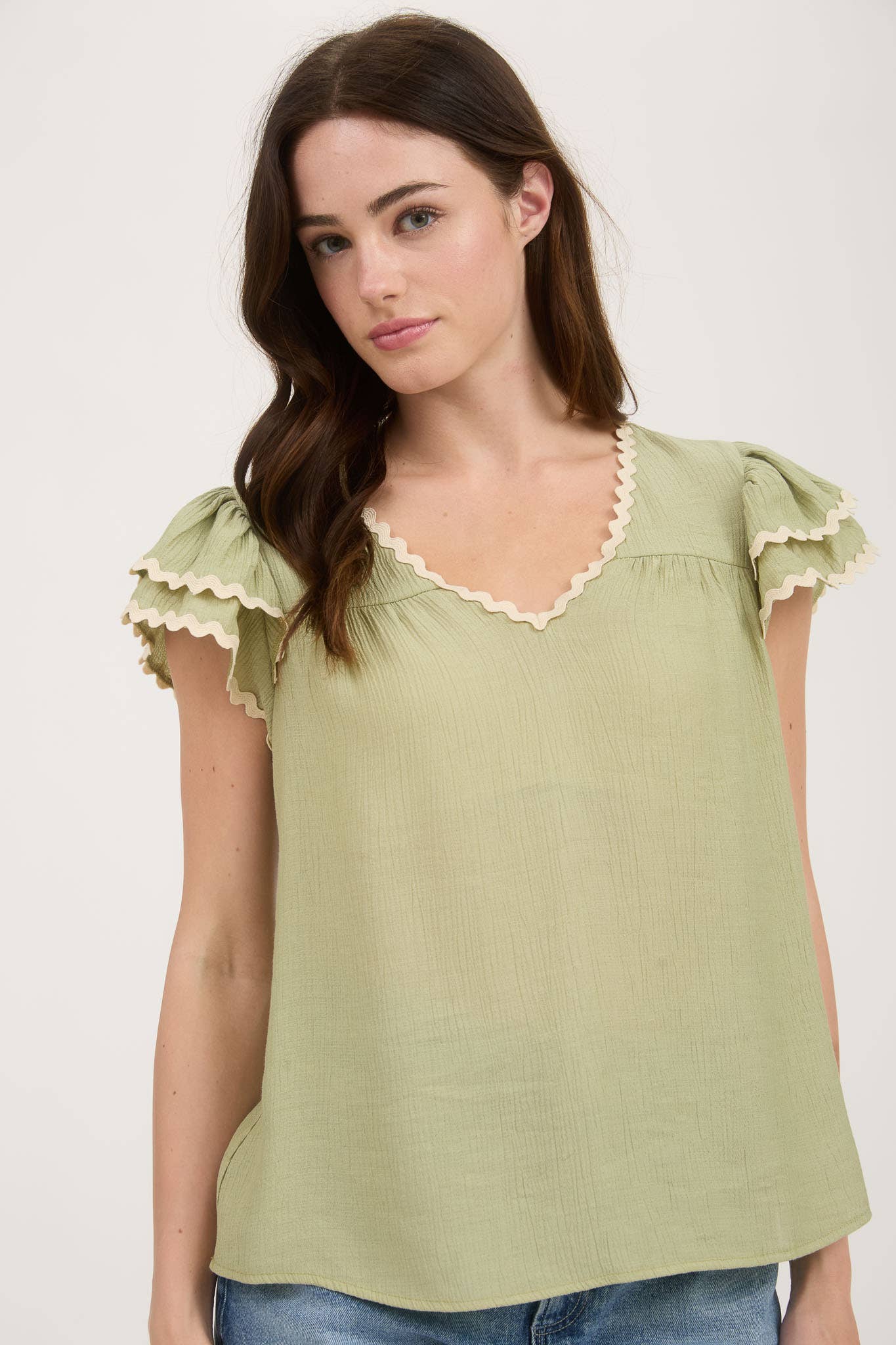 Olive Wave Trim Top