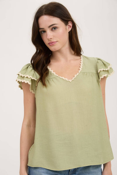 Olive Wave Trim Top