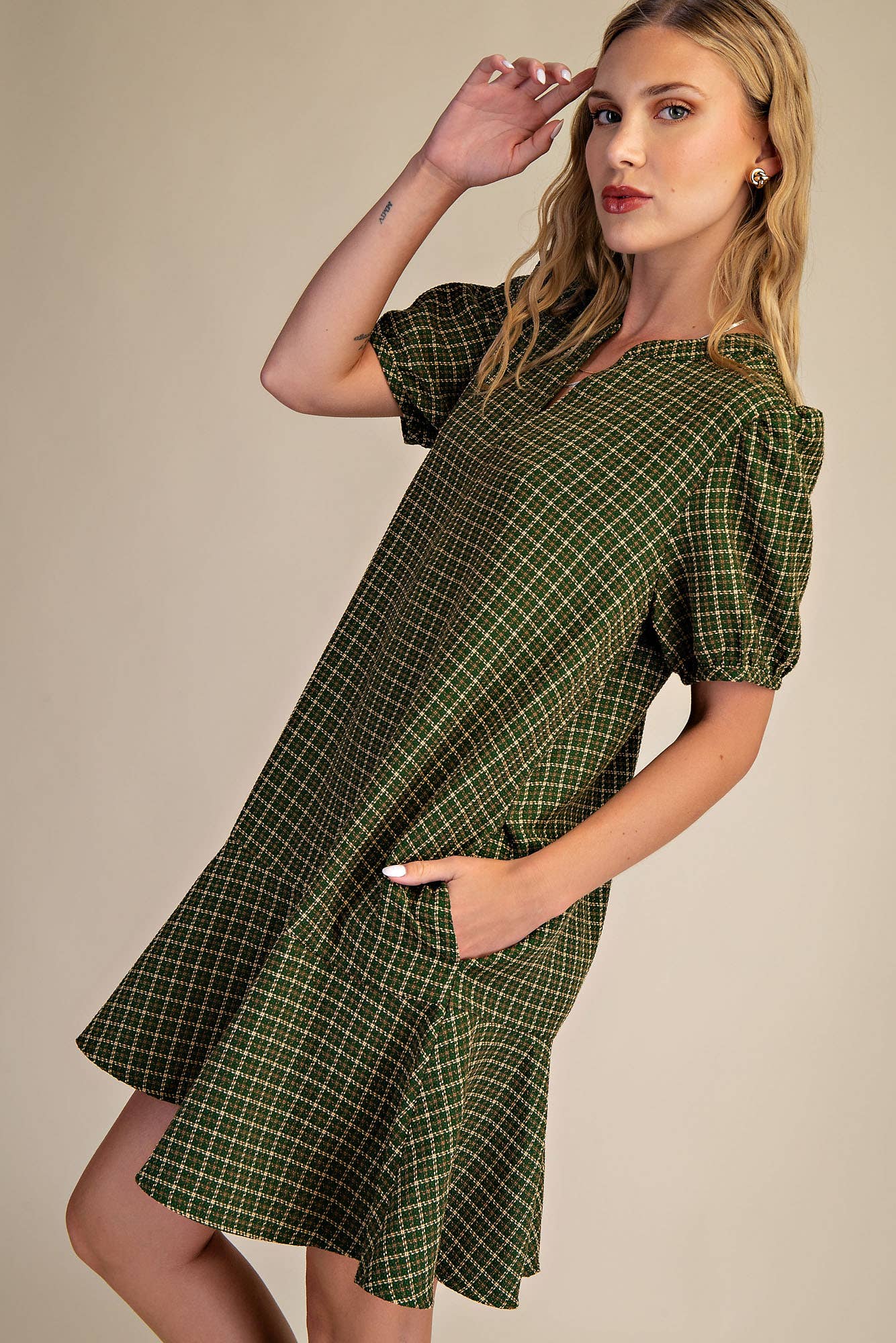 Camel Puff Sleeve Mini Dress
