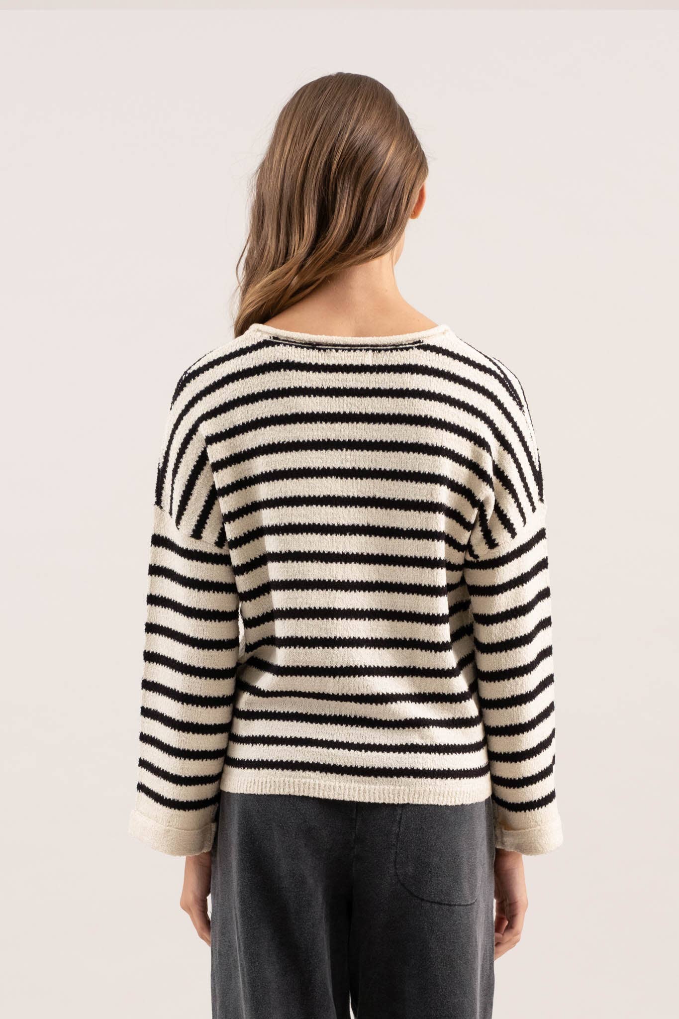 Cream Striped Split Neck Sweater